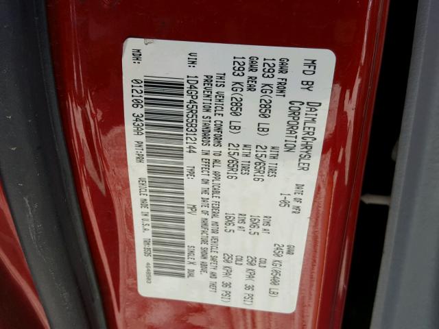 1D4GP45R55B312144 - 2005 DODGE CARAVAN SX RED photo 10