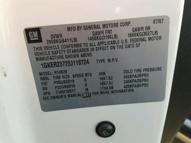 1GKER23728J118724 - 2008 GMC ACADIA SLT თეთრი ფოტო 10