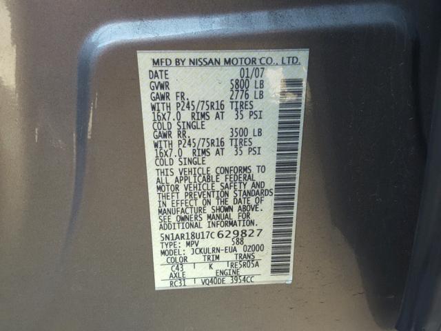 5N1AR18U17C629827 - 2007 NISSAN PATHFINDER GOLD photo 10