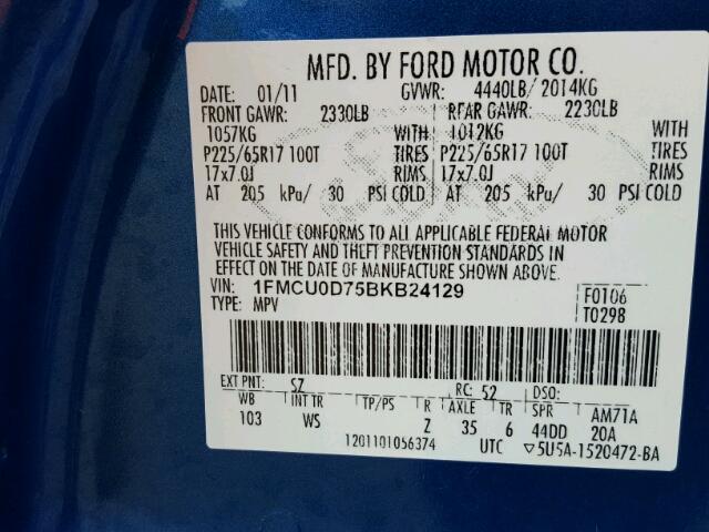 1FMCU0D75BKB24129 - 2011 FORD ESCAPE XLT BLUE photo 10