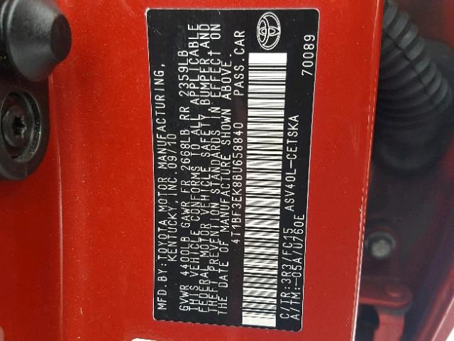 4T1BF3EK8BU658840 - 2011 TOYOTA CAMRY BASE RED photo 10