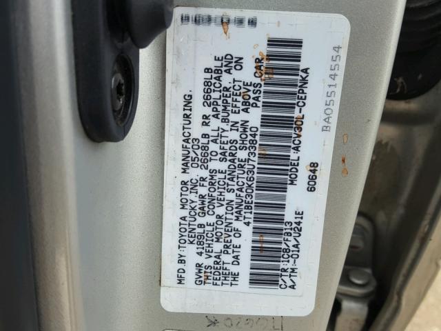 4T1BE30K63U733840 - 2003 TOYOTA CAMRY LE SILVER photo 10