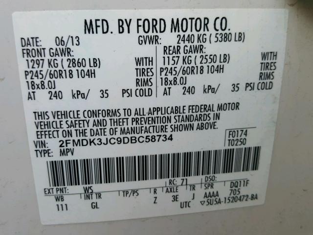 2FMDK3JC9DBC58734 - 2013 FORD EDGE SEL WHITE photo 10