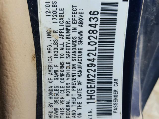 1HGEM22942L028436 - 2002 HONDA CIVIC EX ლურჯი ფოტო 10