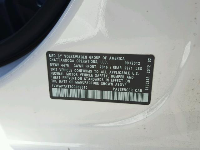 1VWAP7A37CC068510 - 2012 VOLKSWAGEN PASSAT S أبيض صورة 10