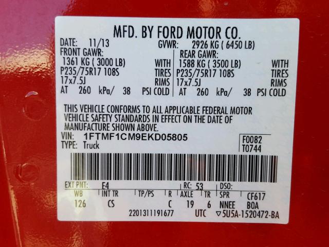 1FTMF1CM9EKD05805 - 2014 FORD F150 RED photo 10