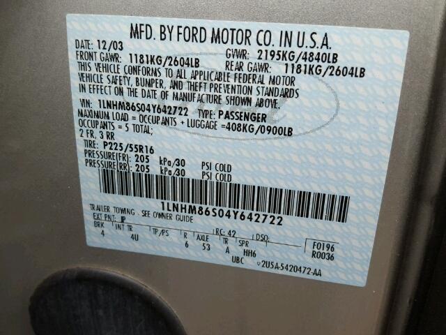 1LNHM86S04Y642722 - 2004 LINCOLN LS SILVER photo 10