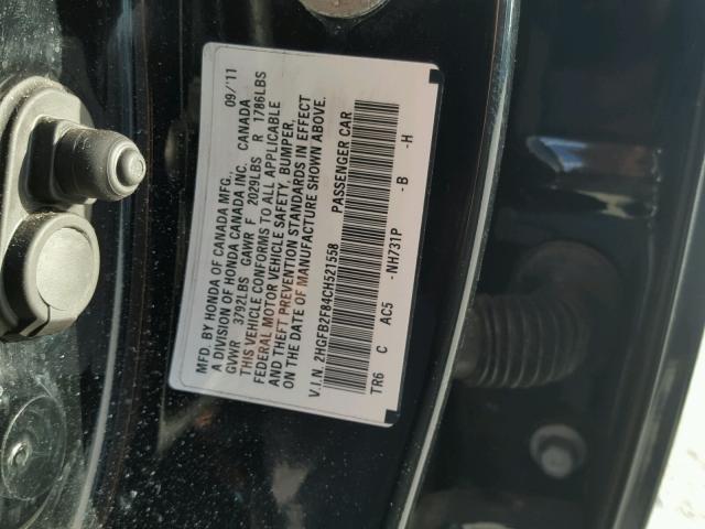 2HGFB2F84CH521558 - 2012 HONDA CIVIC EX BLACK photo 10