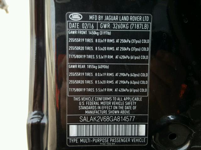 SALAK2V68GA814577 - 2016 LAND ROVER LR4 HSE LU BLACK photo 10