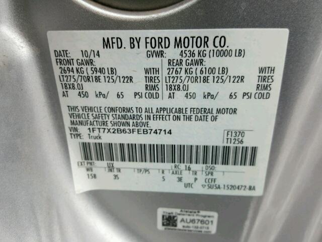 1FT7X2B63FEB74714 - 2015 FORD F250 SUPER SILVER photo 10