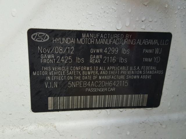 5NPEB4AC2DH642115 - 2013 HYUNDAI SONATA GLS WHITE photo 10