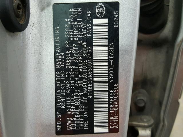 4T1BE32K65U947453 - 2005 TOYOTA CAMRY LE SILVER photo 10