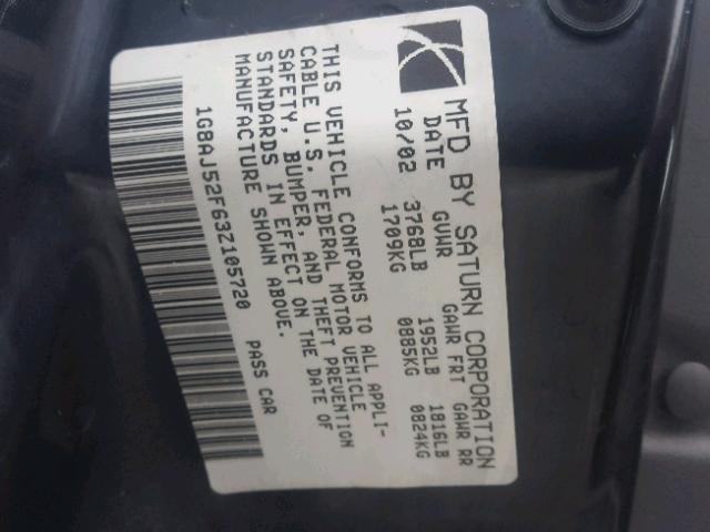 1G8AJ52F63Z105720 - 2003 SATURN ION LEVEL BURGUNDY photo 10