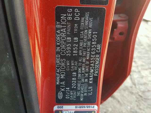 KNADM5A35E6358501 - 2014 KIA RIO LX RED photo 10