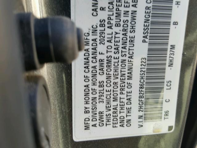 2HGFB2F86CH521223 - 2012 HONDA CIVIC EX GRAY photo 10