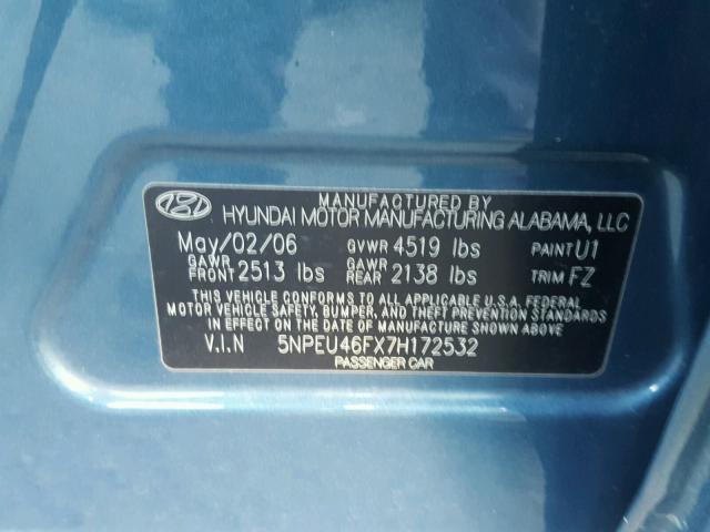 5NPEU46FX7H172532 - 2007 HYUNDAI SONATA SE BLUE photo 10