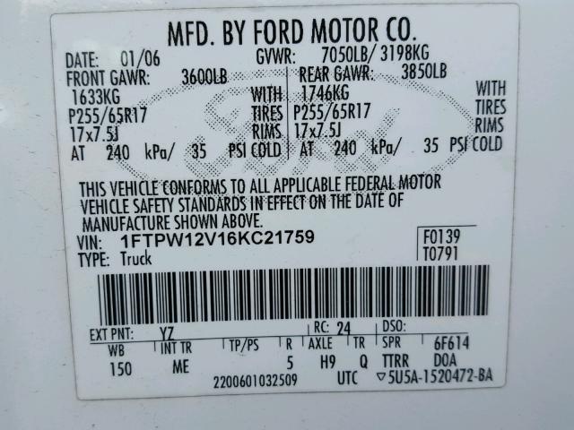 1FTPW12V16KC21759 - 2006 FORD F150 SUPER WHITE photo 10