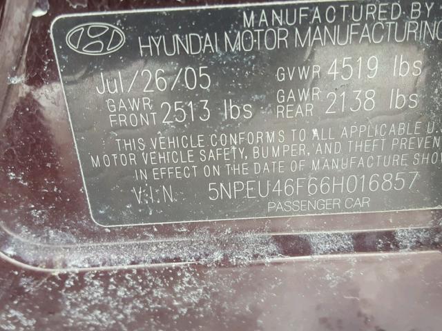 5NPEU46F66H016857 - 2006 HYUNDAI SONATA GLS BURGUNDY photo 10