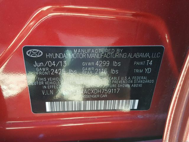 5NPEB4ACXDH759117 - 2013 HYUNDAI SONATA GLS RED photo 10