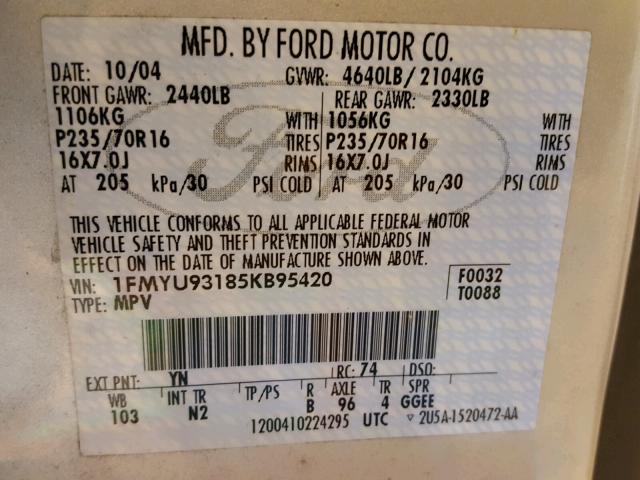 1FMYU93185KB95420 - 2005 FORD ESCAPE XLT SILVER photo 10