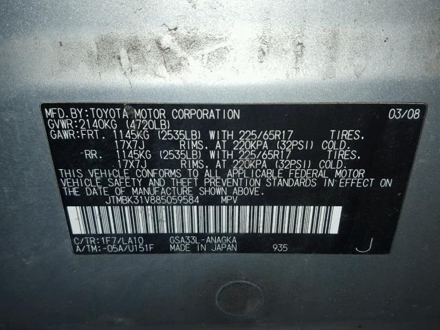 JTMBK31V885059584 - 2008 TOYOTA RAV4 LIMIT SILVER photo 10