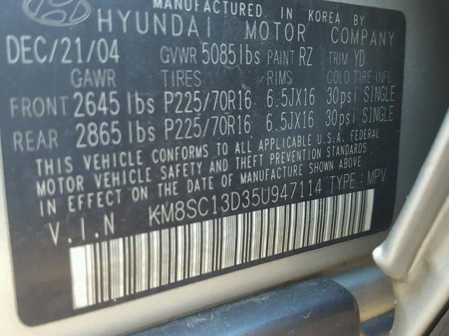 KM8SC13D35U947114 - 2005 HYUNDAI SANTA FE G SILVER photo 10