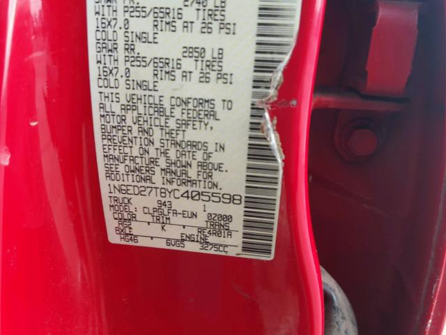 1N6ED27T8YC405598 - 2000 NISSAN FRONTIER C RED photo 10