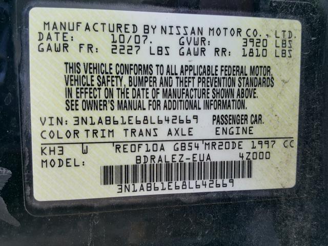 3N1AB61E68L642669 - 2008 NISSAN SENTRA 2.0 BLACK photo 10