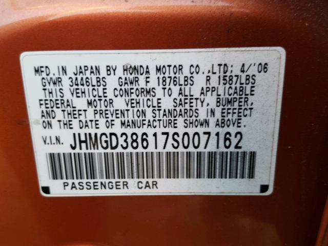 JHMGD38617S007162 - 2007 HONDA FIT S ORANGE photo 10