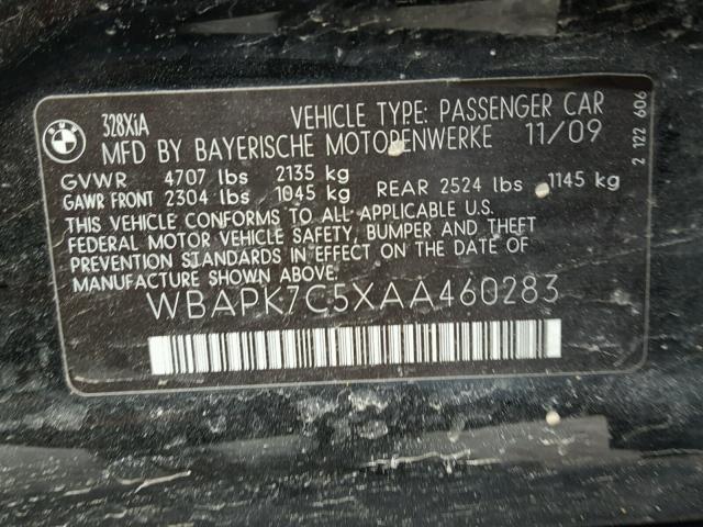 WBAPK7C5XAA460283 - 2010 BMW 328 XI BLACK photo 10