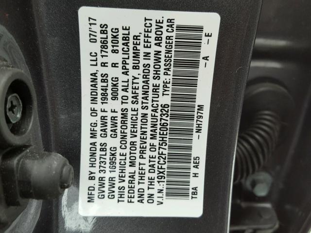 19XFC2F75HE067326 - 2017 HONDA CIVIC EX GRAY photo 10