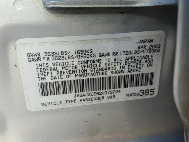 JA3AJ36E62U072224 - 2002 MITSUBISHI LANCER LS SILVER photo 10