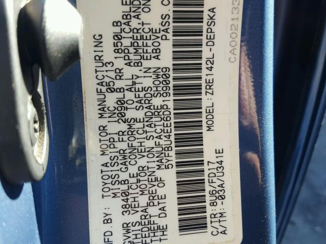 5YFBU4EE6DP199009 - 2013 TOYOTA COROLLA BA BLUE photo 10