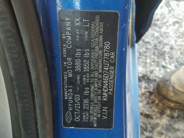 KMHDN46D74U778780 - 2004 HYUNDAI ELANTRA GL BLUE photo 10