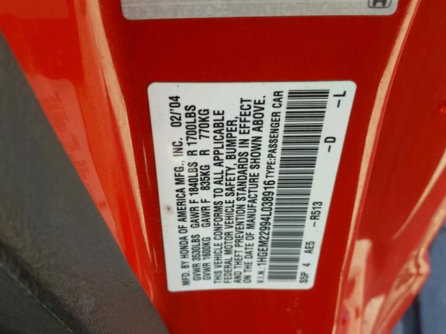 1HGEM22994L038916 - 2004 HONDA CIVIC EX წითელი ფოტო 10