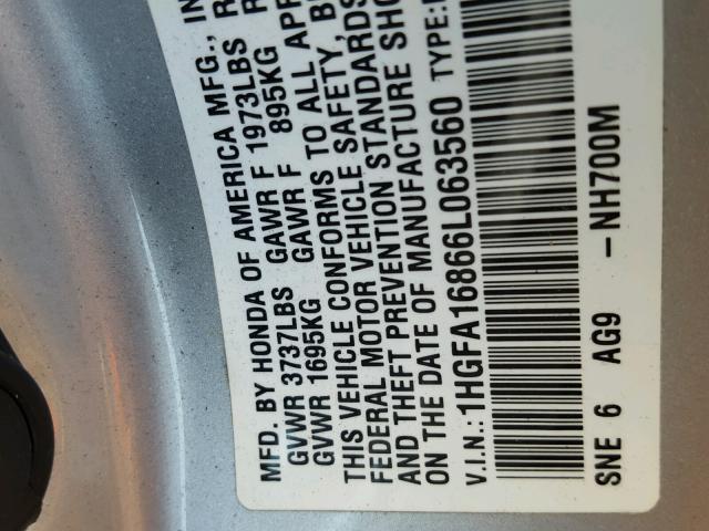 1HGFA16866L063560 - 2006 HONDA CIVIC EX ვერცხლისფერი ფოტო 10