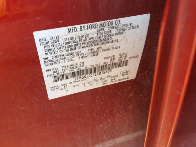 2FMGK5CC3CBD18608 - 2012 FORD FLEX SEL წითელი ფოტო 10