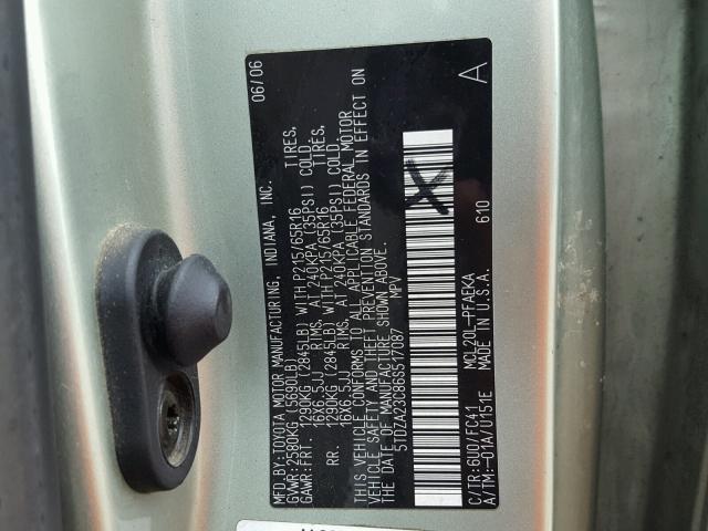 5TDZA23C86S517087 - 2006 TOYOTA SIENNA CE GOLD photo 10