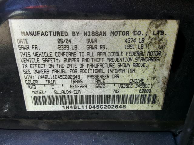 1N4BL11D45C202648 - 2005 NISSAN ALTIMA SE BLACK photo 10