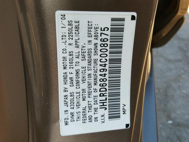 JHLRD68494C008675 - 2004 HONDA CR-V LX GOLD photo 10