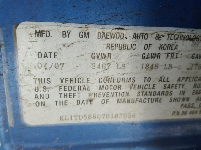 KL1TD56607B183626 - 2007 CHEVROLET AVEO BASE BLUE photo 10