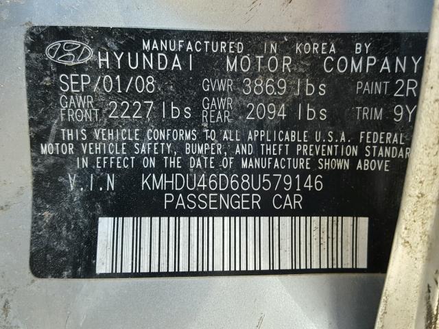 KMHDU46D68U579146 - 2008 HYUNDAI ELANTRA GL SILVER photo 10