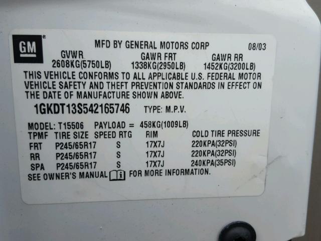 1GKDT13S542165746 - 2004 GMC ENVOY WHITE photo 10