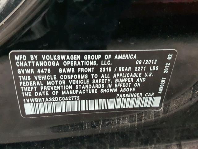 1VWBH7A32DC042772 - 2013 VOLKSWAGEN PASSAT SE BLACK photo 10