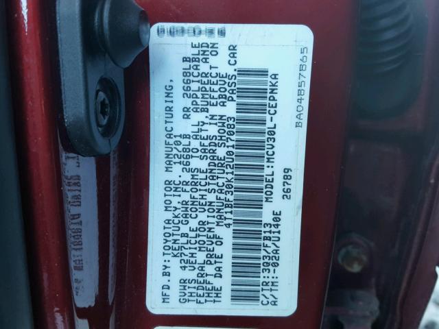 4T1BF30K12U017083 - 2002 TOYOTA CAMRY LE RED photo 10