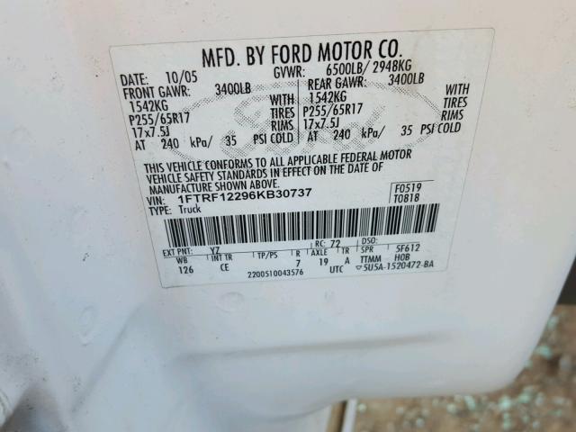 1FTRF12296KB30737 - 2006 FORD F150 WHITE photo 10