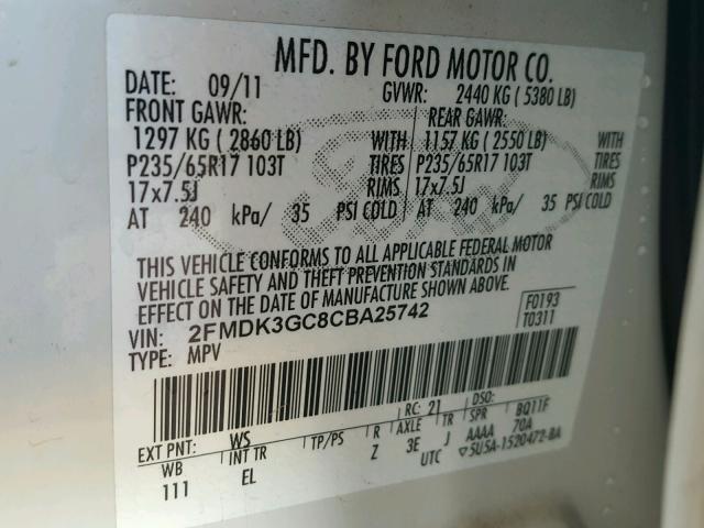 2FMDK3GC8CBA25742 - 2012 FORD EDGE SE WHITE photo 10