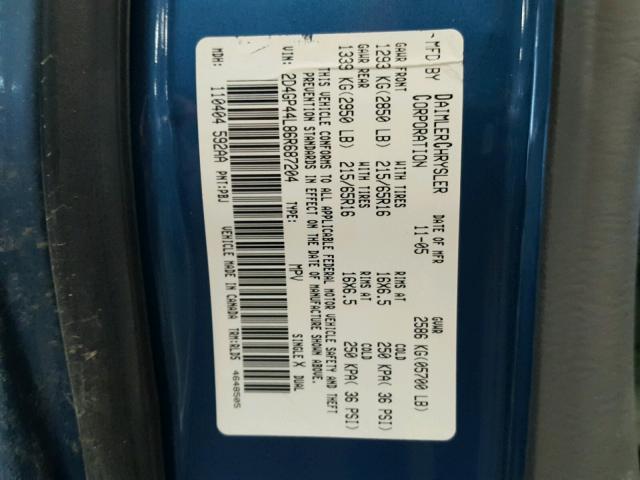 2D4GP44L86R687204 - 2006 DODGE GRAND CARA BLUE photo 10