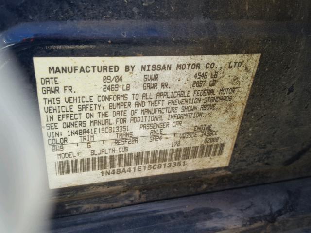 1N4BA41E15C813351 - 2005 NISSAN MAXIMA SE BLACK photo 10