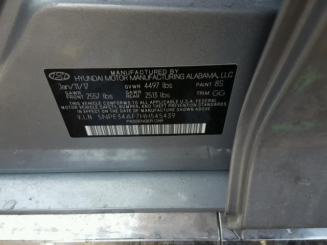 5NPE34AF7HH545439 - 2017 HYUNDAI SONATA SPO GRAY photo 10